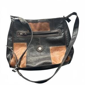 Mouflon Black and Chocolat Brown Patchwork Design Leather Ajustable Shoulder Bag
